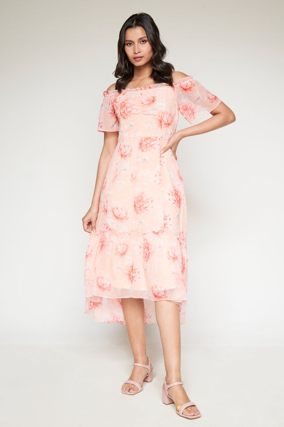 Peach And Orange Floral High-Low Gown, Peach, image 2